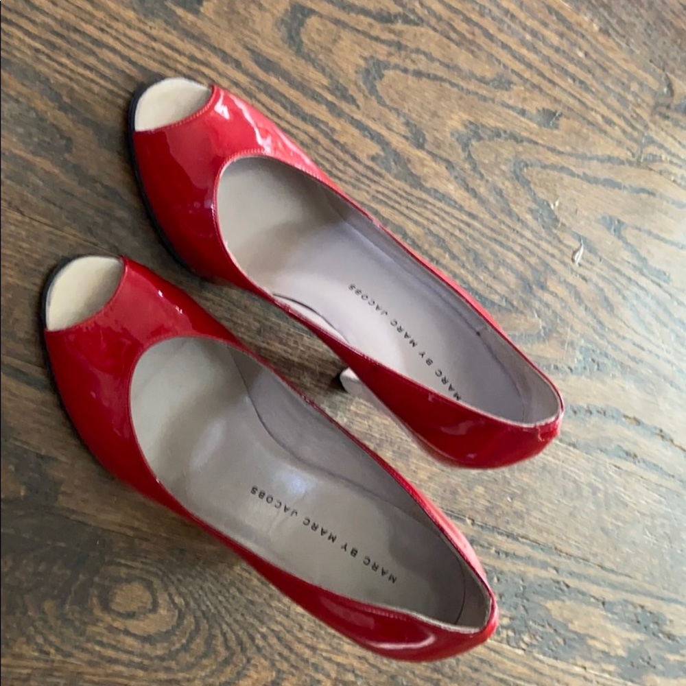 Marc Jacobs red patent and suede peep-toe heels.